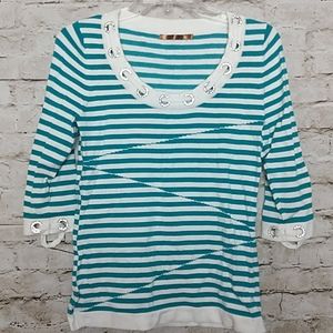 Belldini Knit Top Size Small Aqua White Striped Bling Neckline 3/4 Sleeve EUC
